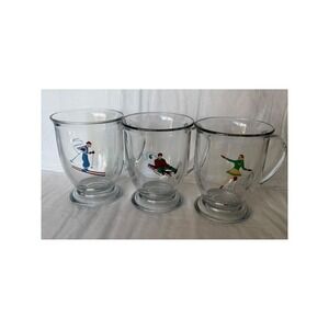 Vintage 3 Glass Footed‎ Mugs Winter Ski Snowboard Sled Dancers Williams Sonoma